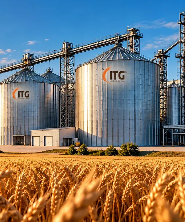 Зърнобаза с метални силози ITG и пшенично поле – интелигентни решения за зърносъхранение от Инфотех-Груп