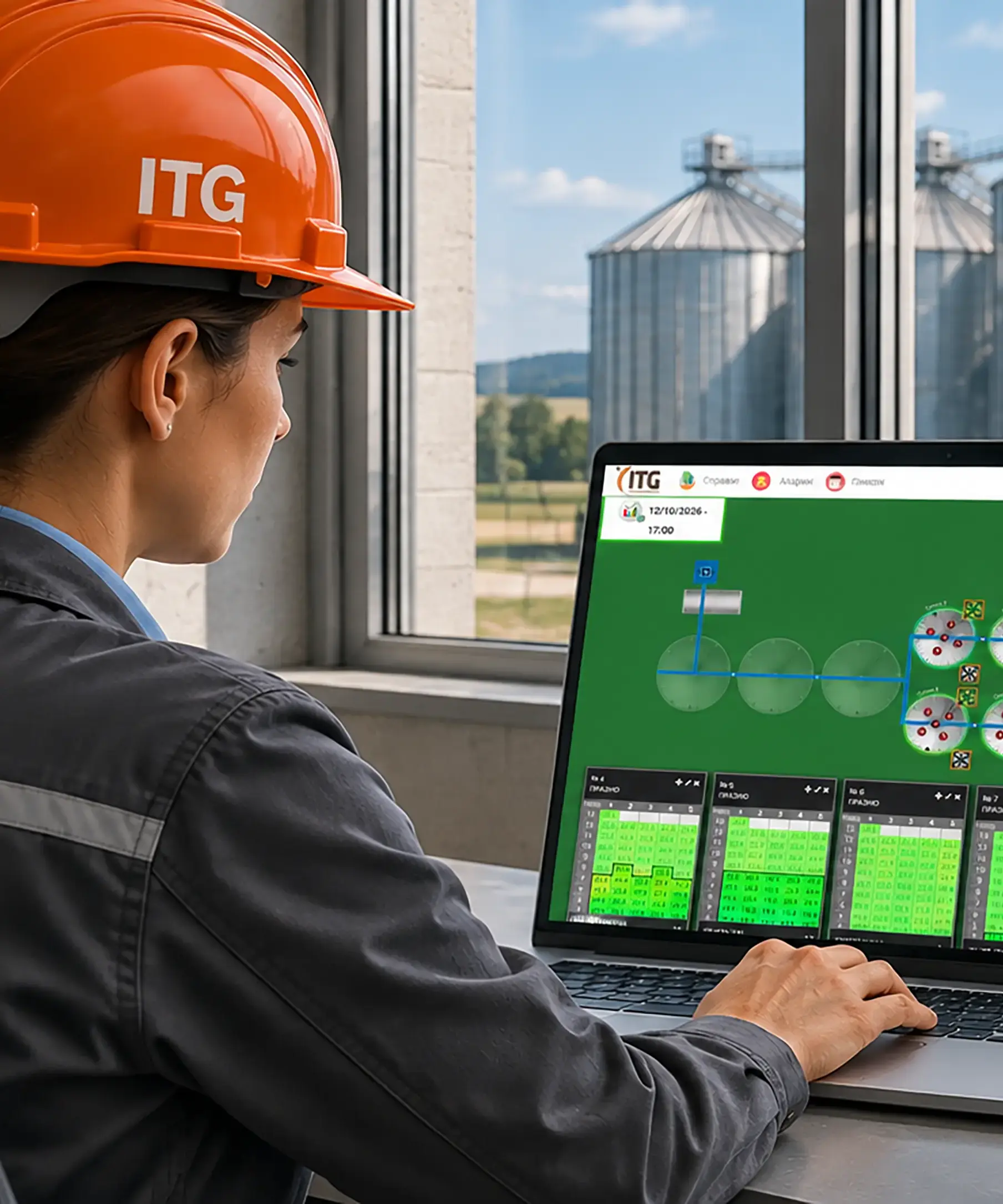 Специалист на Инфотех-Груп използва ITG Cloud на таблет за дистанционен мониторинг на зърнобаза със силози