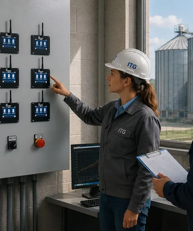 Специалист на Инфотех-Груп проверява система ITG Control с универсален контролер UCP за автоматично управление на вентилацията в зърнобаза